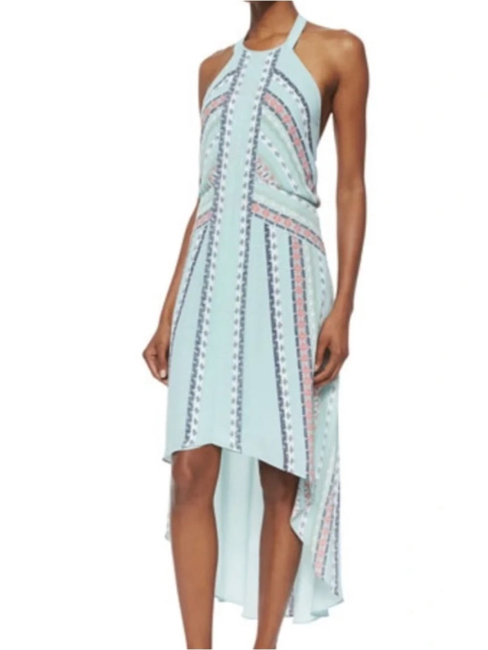 BCBGMaxAzria Light Aqua Halter High-Low Dress with Coral and Navy Accents